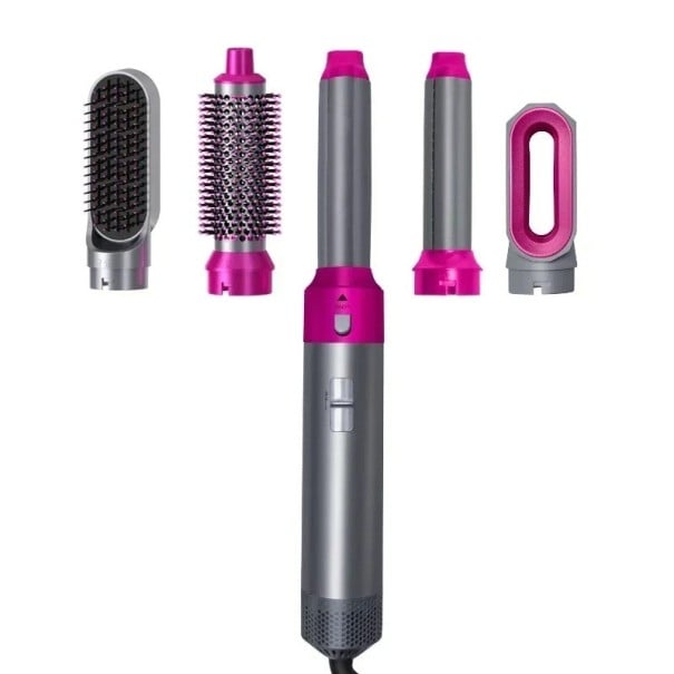 Uscător de păr 5 în 1 cu accesorii interschimbabile Set de piepteni fierbinți Ondulator Placă de îndreptat părul Instrument de coafat roz