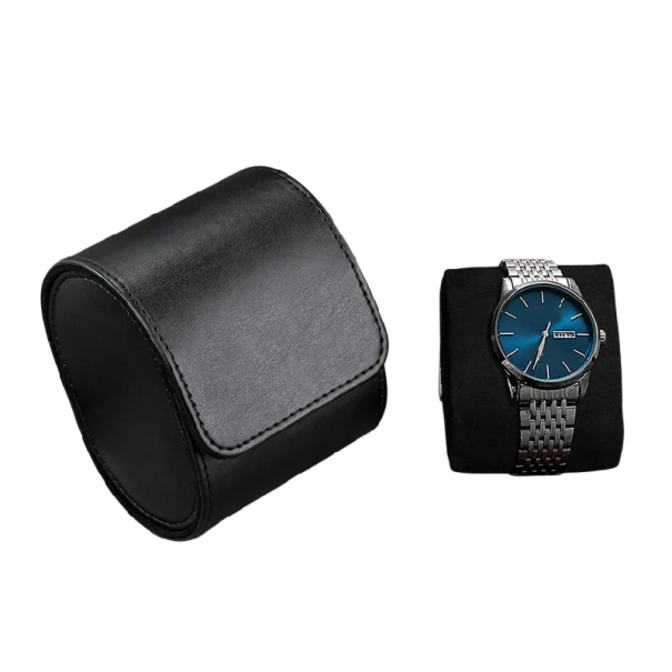 Utazási tok órákhoz levehető párnával 8x10x7 cm PU bőr velúr belső a tároláshoz fekete