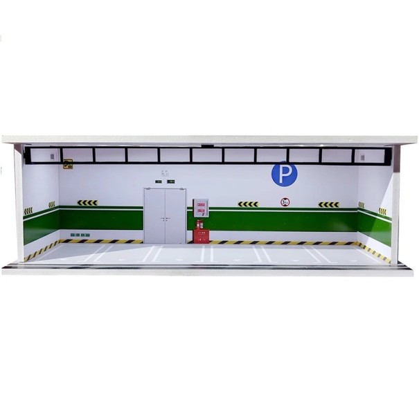 Utställningsdiorama garage för bilar 30 × 13,5 × 10 cm Skala 1:64 Underjordisk parkeringshall med gröna säkerhetsskyltar PVC + ABS 1