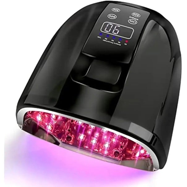 UV LED lampa na nehty 90 W dobíjecí 45 LED diod 255 x 220 x 115 mm ABS a kov časovač 4 režimy s displejem Na gelové nehty i manikúru černá