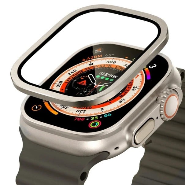 Üveg az Apple Ultra 2 49 mm-hez edzett üveg fém kerettel kijelzővédő ütésálló tok karcok ellen az Apple Watch számára arany-ezüst