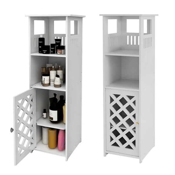 Úzka kúpeľňová skrinka 78 x 22 x 22 cm s dvierkami s mriežkovým vzorom a dvoma otvorenými priehradkami s ozdobnými výrezmi v bielej farbe 1