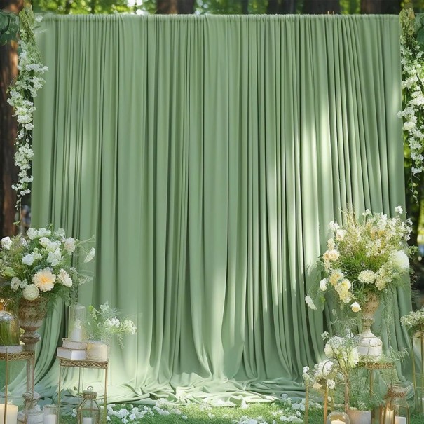 Úzký dlouhý závěs jako foto pozadí na tyč, 75 x 1000 cm, splývavý polyester pro svatební oblouk, dekoraci sálu a velké eventy světle zelená
