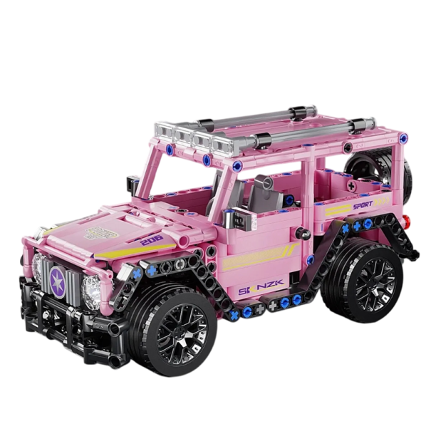 Vaaleanpunainen maastoautorakennussarja 485 osaa Käänteinen 10 m kantama Malli 1:18 23 x 10,5 x 11 cm Palikka-autot Luova lelu 1
