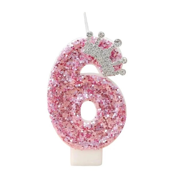 Vaaleanpunainen syntymäpäiväkakkukynttilä numerolla ja kruunulla 7,5 cm prinsessakoristekynttilä tyttöjen juhliin hyvää syntymäpäivää 6