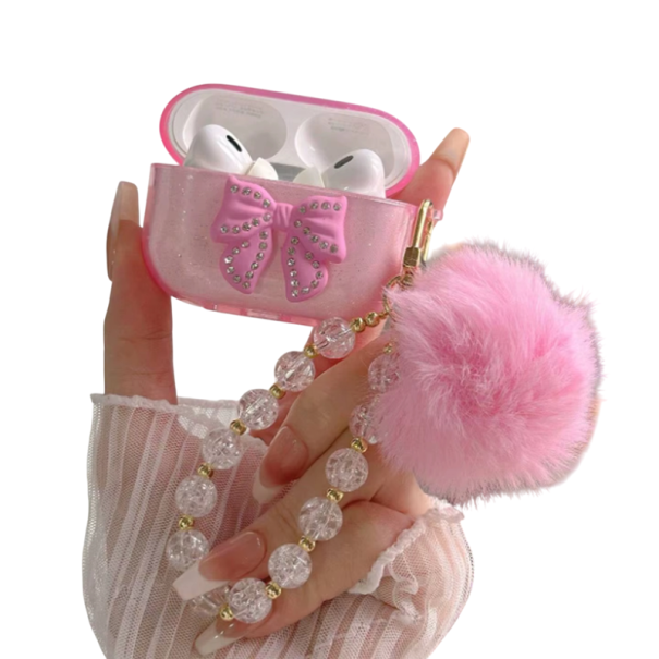 Vacker kristallskyddande fodral med rosett och nyckelring för Airpods Pro 3, fodral med fluffig boll för stilskydd rosa