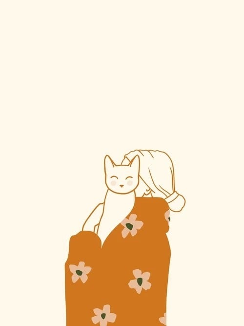 Væghængt plakat med illustration af kat på skulderen af figur 40x50 cm lærred uden ramme orange og beige tegning vægdekoration 1