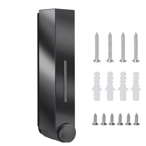 Vægmonteret sæbe- og showergeldispenser 420 ml Badeværelsesvaskemiddeldispenser 5×8×28 cm Pumpe med skruer og dyvler sort