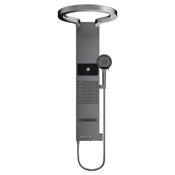 Väggmonterad duschpanel med höjd 900–1054 mm med rund takdusch och handdusch samt multifunktionell LED-display i mörkgrå färg 1