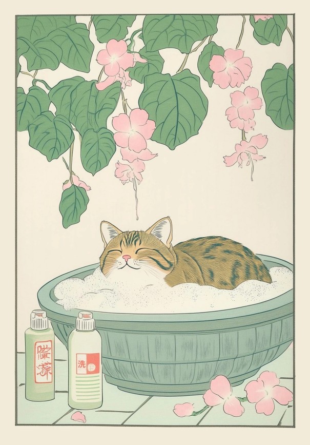 Väggplakat 30 x 42 cm Skäggig katt i skummande bad Japansk illustration Söt bild på duk Inredningsdekoration Utan ram 1