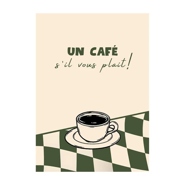 Väggplakat kaffekopp med grafisk text 30 × 42 cm tryck på duk beige grön dekoration till kök och kafé utan ram 1