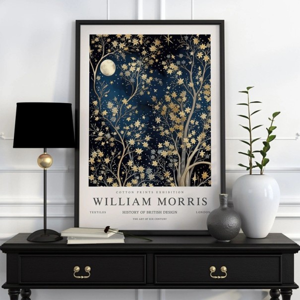 Väggplakat William Morris natt botanisk motiv träd måne 40x60 cm polyesterduk mörkblå dekor till inredning 1
