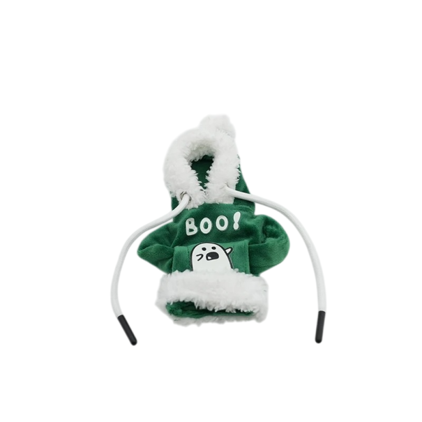 Vaihteiston suojus ja huppari tekoturkiksella, kummitusprintillä ja tekstillä "Boo!", puuvilla, polyesteri vihreä