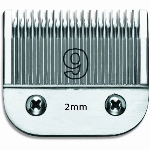 Vaihtoleikkurin päät Andis-, Oster-, Wahl-, Heiniger- ja Conair-leikkureille. Ammattimainen teräksinen leikkuupää eläinten leikkureille. 2 mm. Malli 9. 1