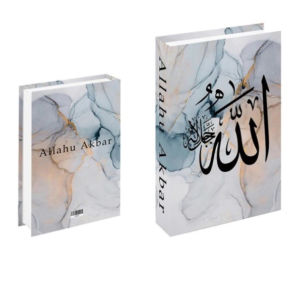 Valse boekdecoratie Allahu Akbar Blauwgrijs marmerdesign Niet te openen neppublicatie Moderne woondecoratie 1