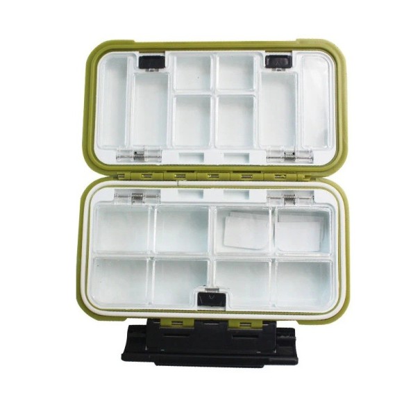 Vandtæt fiskegrejskasse med dobbeltsidet åbning 16 x 9 x 4 cm Robust, bærbar organizer til kroge og lokkemad Holdbar opbevaringskasse til fisketilbehør grøn