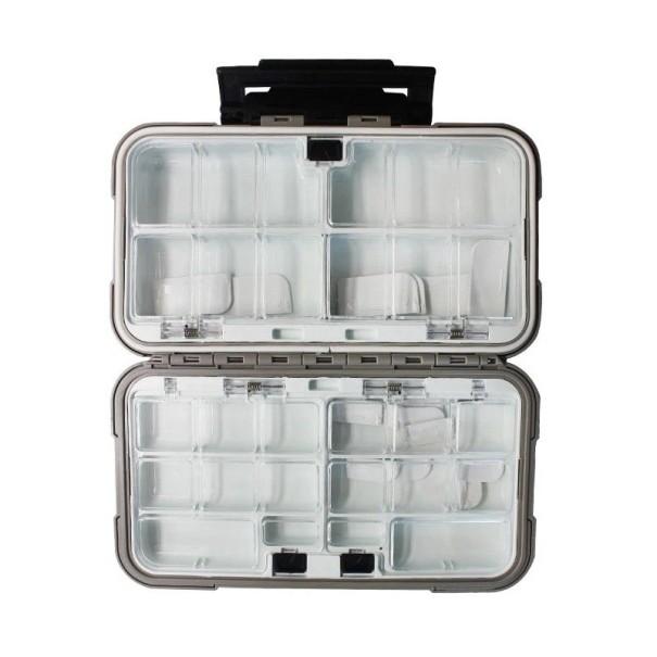 Vandtæt fiskegrejskasse med dobbeltsidet åbning 19 x 10 x 4,5 cm Robust organizer til kroge og lokkemad Holdbar opbevaringskasse til fiskegrej grå