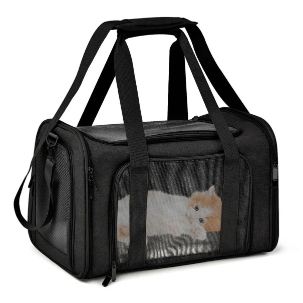 Vandtæt, foldbar bur til katte og små hunde, åndbar, forstærket lynlås, kæledyrstransportør, stofnettransportør til hvalpe og katte, rejsetaske til transport af katte og hunde, 43 x 28 x 28 cm sort