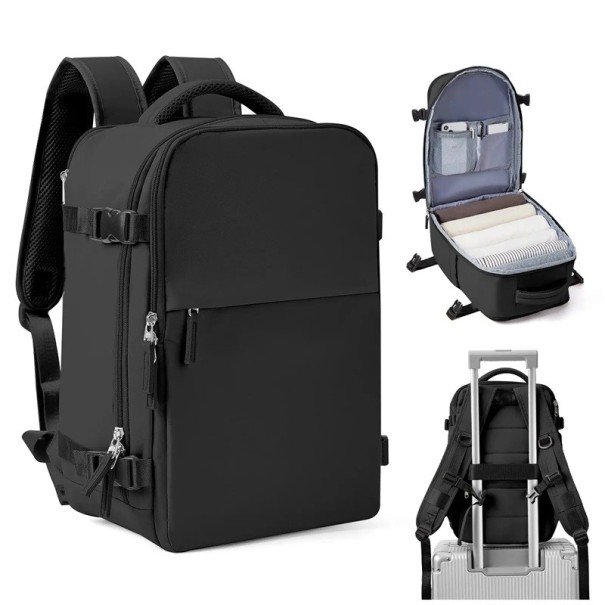 Vandtæt håndbagagerygsæk 40 x 20 x 25 cm Håndbagage til flyet Dobbelt lynlås Vandtæt lomme Sidelommer Letvægtsrygsæk til rejser sort