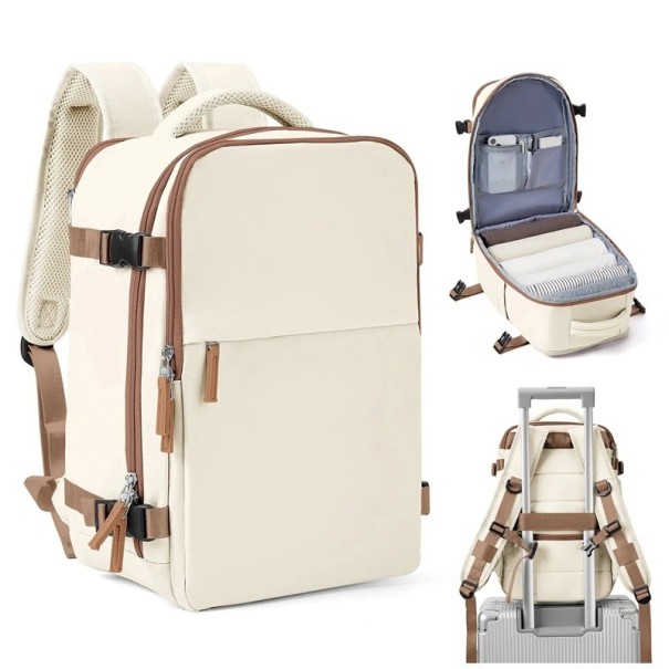 Vandtæt kabinerygsæk 45 x 36 x 20 cm Håndbagage til fly Dobbelt lynlås 2 sidelommer Vandtæt weekendrygsæk med lomme beige