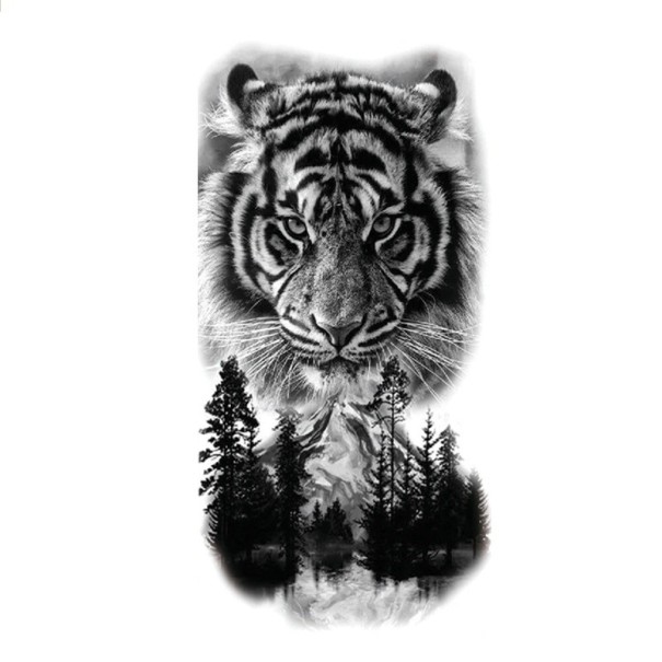 Vandtæt midlertidig tatovering 21 x 11,4 cm Tiger, bjerge og skov Dyremotiv Nem påføring Holdbar tatovering Naturligt design Symbol på styrke og frihed 1