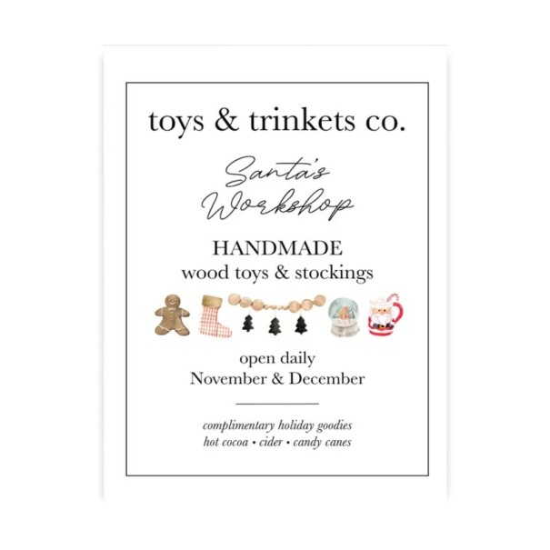 Vánoční plakát na zeď Santova dílna 15 × 20 cm tisk na plátno bílé pozadí s černým textem a ilustracemi dekorace bez rámu 1