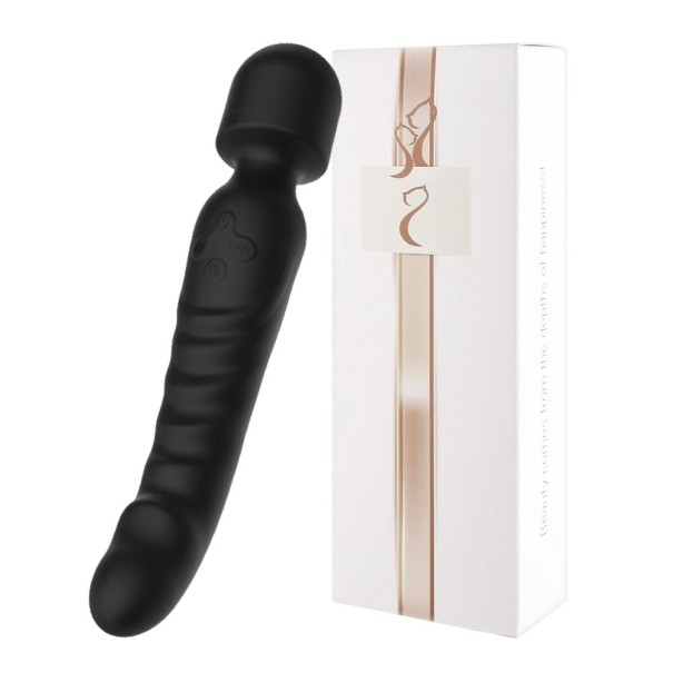 Varita mágica de masaje de doble cara con vibraciones para masaje muscular y articular, satisfacción erótica y alimentación USB. Embalaje discreto negro