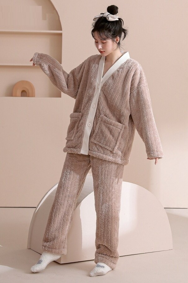 Varm pyjamas för kvinnor P3153 beige S