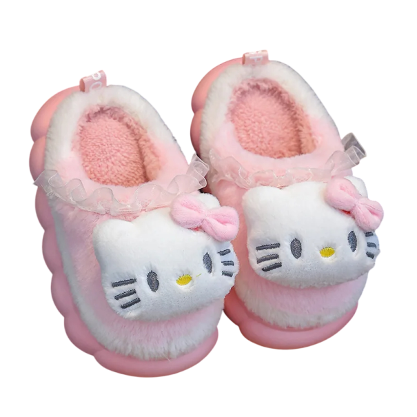 Varmrosa låga tofflor med en plysch kattkaraktär Kawaii-stil Söta hemtofflor Vinterbekväma skor med mjuka sulor 34-35