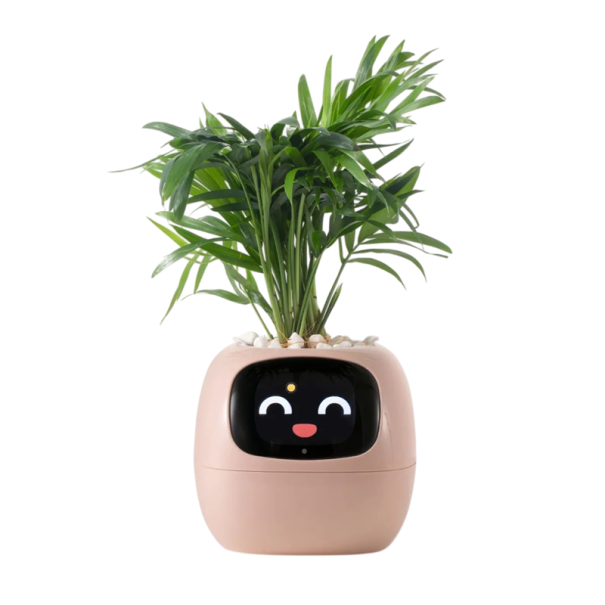Vaso de flores inteligente autoirrigável com ecrã, mais de 49 expressões e 7 sensores, 11,4 × 10 × 9,6 cm, chips de IA, Wi-Fi, para plantas rosa