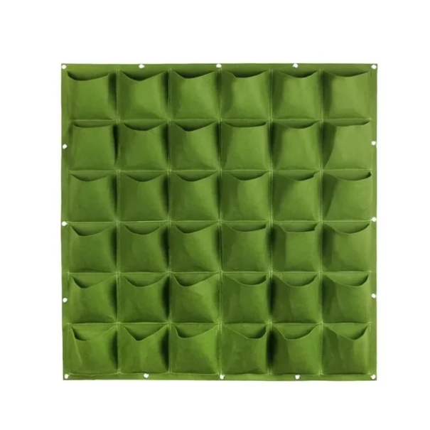 Vaso de parede em tecido 100 x 100 cm 36 bolsos 15x15 cm Painel vertical suspenso para flores Bolsos de jardim para ervas e legumes verde