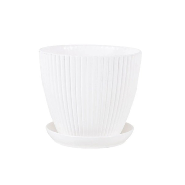Vaso decorativo rotondo con piattino 9 x 8 x 7,5 cm Vaso in resina per piante vive Decorazione da esterno e da interno Resistente alle intemperie bianco