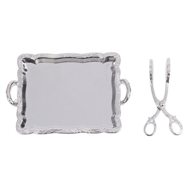 Vassoio e pinze da cucina per bambola argento