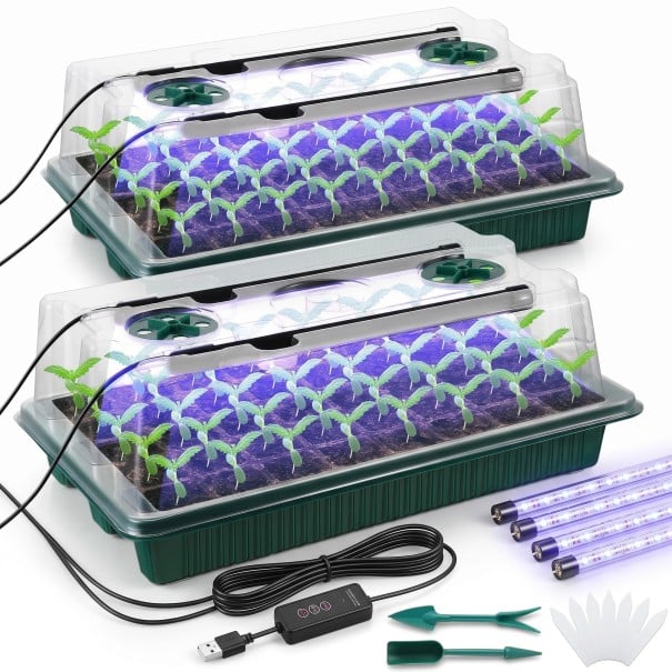 Vassoio per semina con illuminazione a LED e coperchio, 80 celle, 2 pz, plastico, timer 3/6/12 h, verde, per germinazione di semi e piantine 1