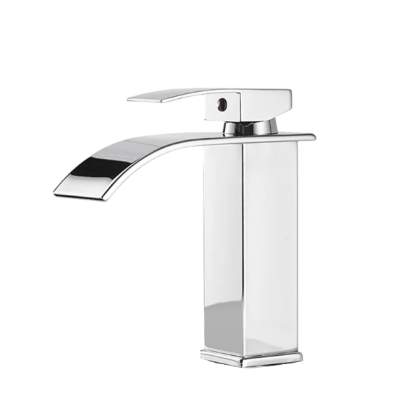 Vattenfallsblandare i rostfritt stål med kort kran för varmt och kallt vatten modern badrumsblandare handfat silver