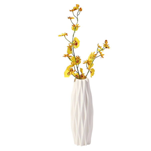 Vază din plastic, 21 cm înălțime, formă subțire, textură în relief, imitație albă mată de ceramică, accesoriu elegant pentru apartament, ghiveci 1