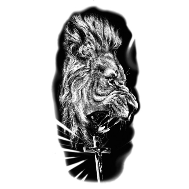 Vedenpitävä väliaikainen tatuointi 21 x 11,4 cm Raivoava leijona ristiinnaulitulla Jeesuksella Uskonnollinen aihe Helppo kiinnittää Kestävä tatuointi Uskon ja voiman symboli 1