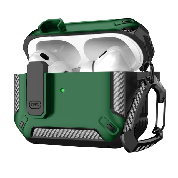Védőtok az Apple AirPods Pro számára Ütésálló tok karabínerrel Biztonsági zár Tartós tok zöld