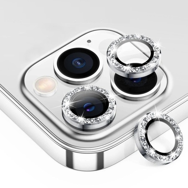 Védőüveg a hátlapi kamerához iPhone 12 Pro Max-hoz, kövekkel díszített keret ezüst