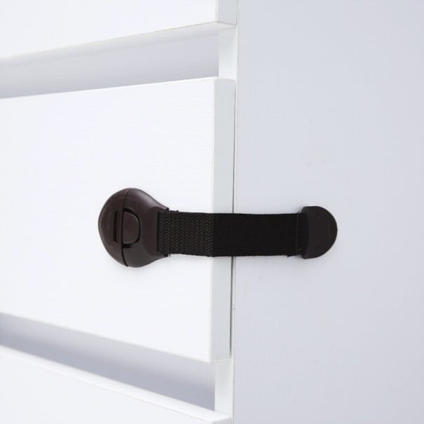 Veiligheidsbeveiliging voor lades en kasten tegen openen door kinderen Set van 10 stuks Flexibele nylonband met ABS plastic uiteinden 22 x donkerbruin