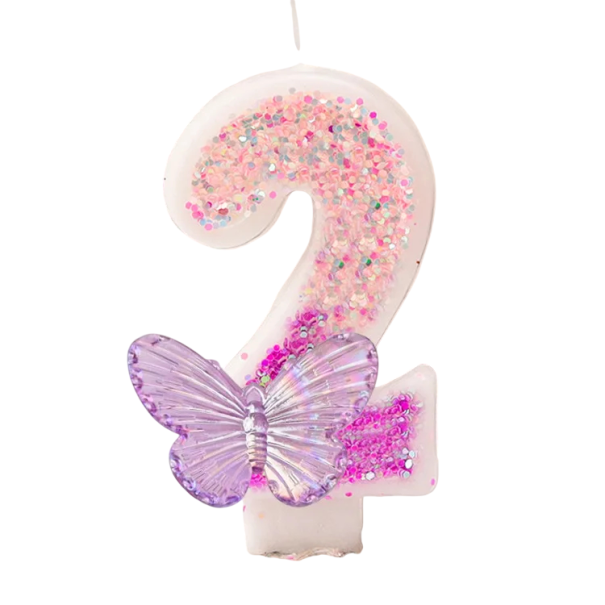 Vela de aniversário número 2 7,5 cm Vela rosa com brilhos e borboleta Vela de parafina para bolo de aniversário infantil 1