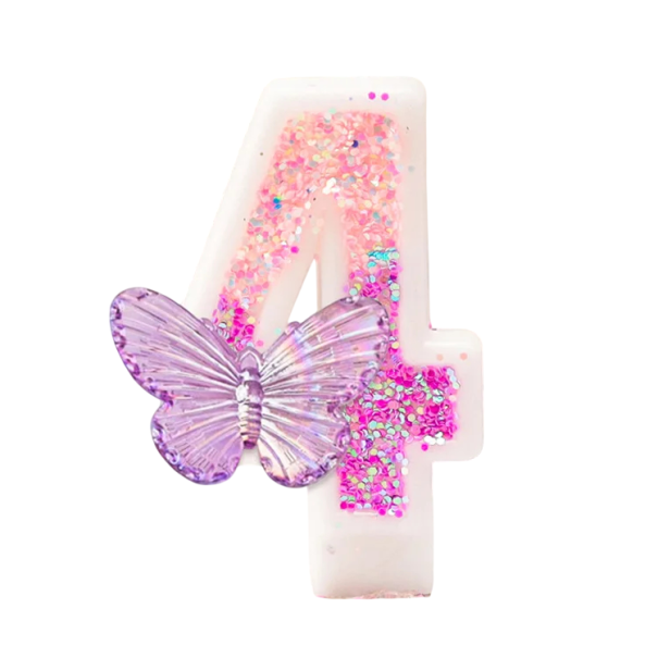 Vela de aniversário número 4 7,5 cm Vela de bolo rosa com brilhantes e borboleta Vela de parafina para decoração de bolo de aniversário 1