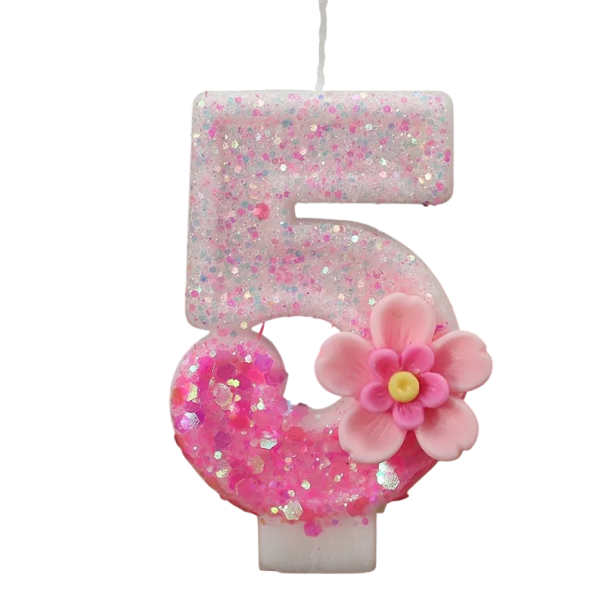 Vela de aniversário número 5 Vela rosa brilhante com decoração floral Decoração para bolo de aniversário vela de festa 1