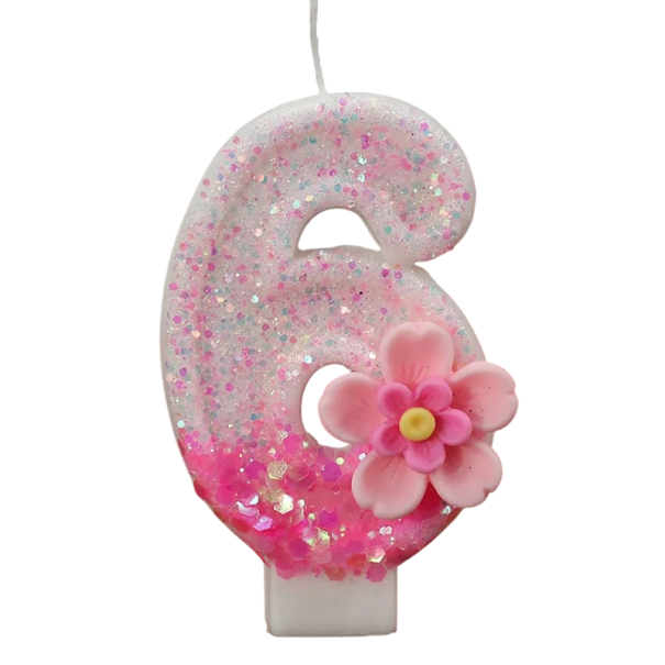 Vela de aniversário número 6 Vela rosa brilhante com decoração floral Decoração para bolo de aniversário 1