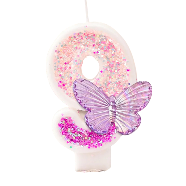 Vela de cumpleaños número 9 7,5 cm Vela rosa con purpurina y mariposa Vela de parafina para pastel de cumpleaños 1