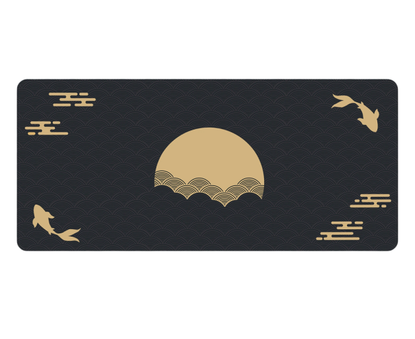 Velká podložka pod myš a klávesnici s japonským motivem koi ryb a slunce 800x300x3 mm černo-zlatá pro herní i kancelářský stůl 1