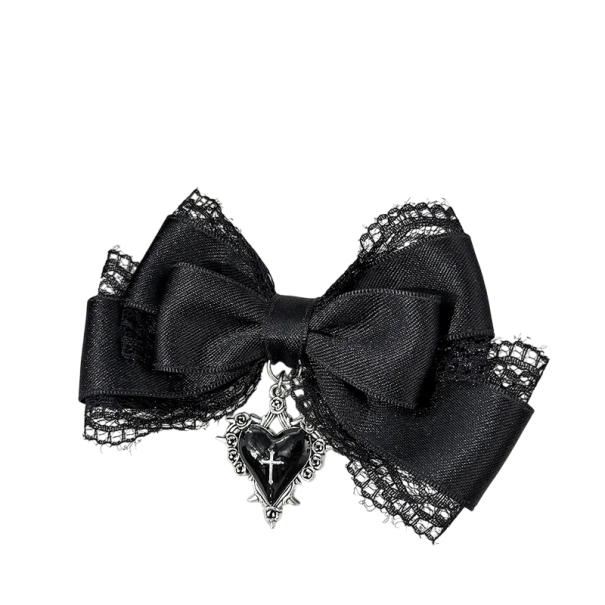 Velká vlasová mašle cca 15 cm Krajka Ozdobné srdce Kovová spona Látková ozdoba Elegantní vlasový doplněk černá