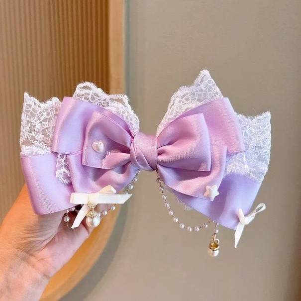 Velká vlasová mašle cca 15 cm Krajka Perličky Kovová spona Látková ozdoba Elegantní vlasový doplněk fialová