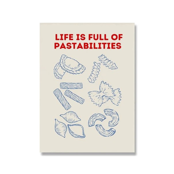 Velkoformátový plakát na zeď ilustrace těstovin s textem 50 x 70 cm plátno tisk červeno modrá grafika měkké provedení bez rámu restaurace 1