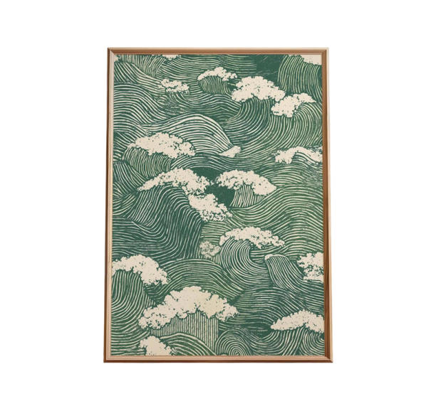 Velkoformátový plakát na zeď japonské vlny 50 × 70 cm tisk na plátno zeleno bílý liniový vzor dekorace do interiéru bez rámu 1